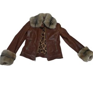 DOLCE & GABANNA Fur lined brown vintage leather jacket w/ Lined with leopard